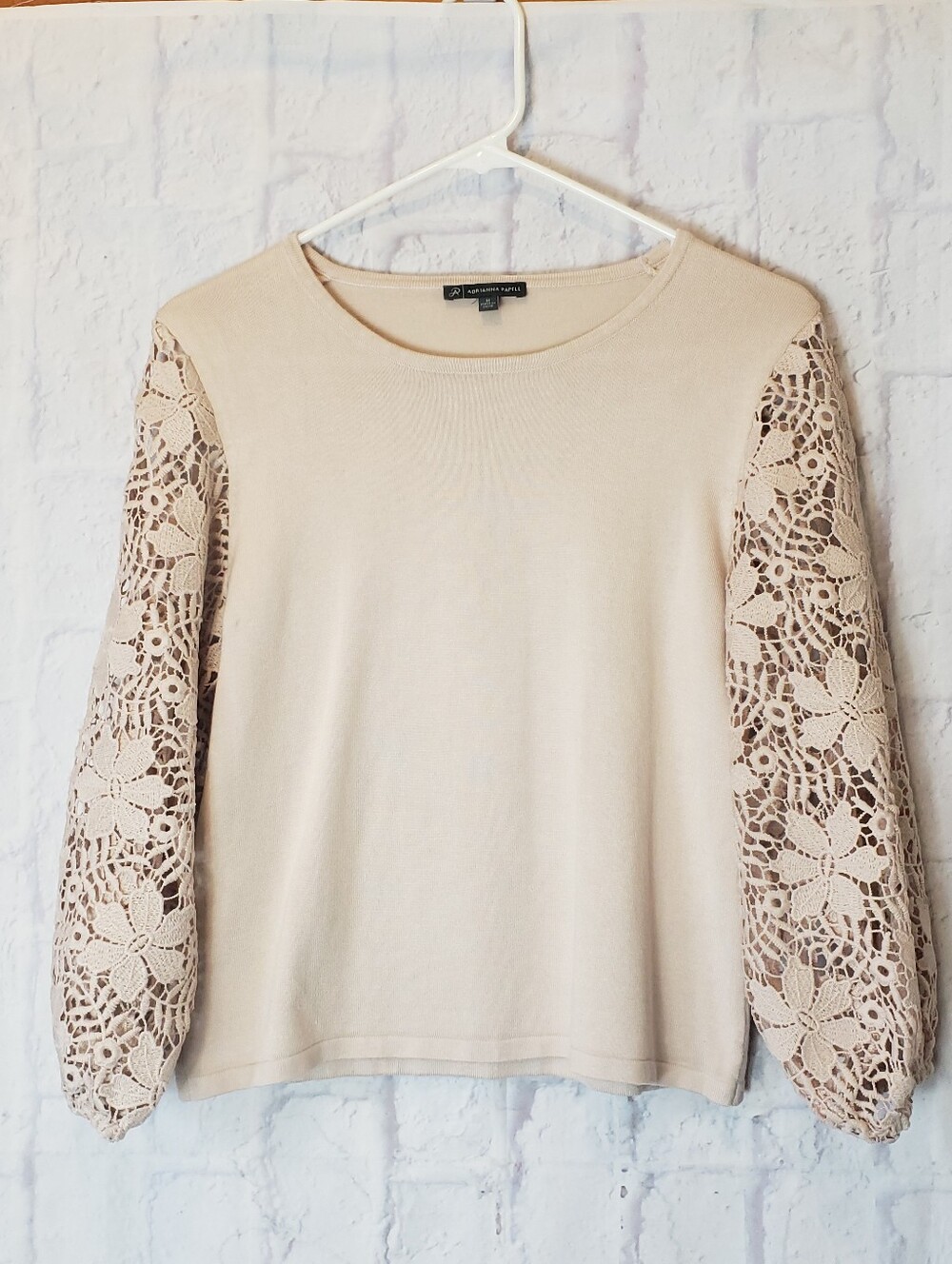 ADRIANNA PAPELL Beige Knit Sweater Crochet Lace Balloon Sleeves Medium